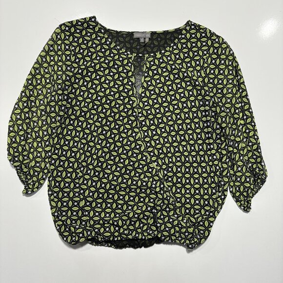 Vince Camuto 3/4 Sleeve Light Blouse Sz Small Green Leafs Elastic Bottom‎ - Picture 1 of 9